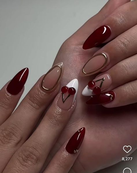 2025 Nail Designs, Simple Nail Designs Short Nails Fall Colors, Burgundy Almond Nails Short, Almond Nails Cherry Design, Burgundy Nail Designs Almond, Almond Nails Red Design, Burgundy Almond Nails Design, Cherry Red Nails Almond, Red Nail Designs Almond