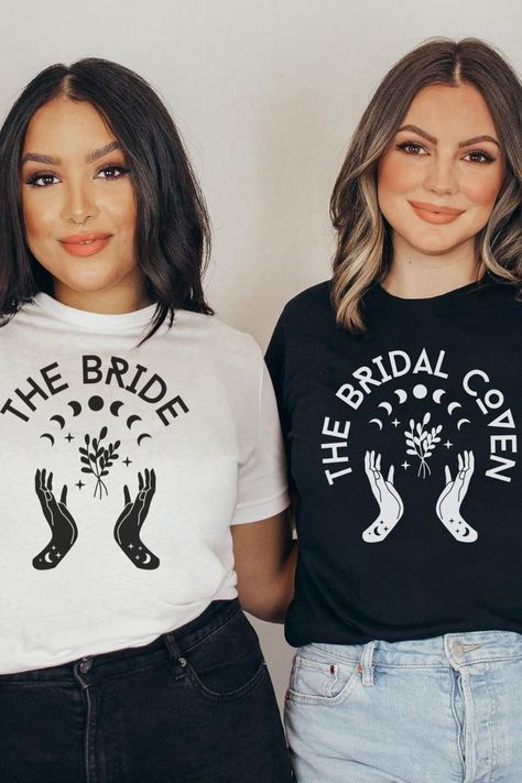 Witch Bachelorette Party, Hen Party Tshirts, Bridal Party Tshirts, Bachelorette Party Tshirts, Halloween Bride, Party T Shirts, Bridal Shirts, Witchy Halloween, Wedding Girl