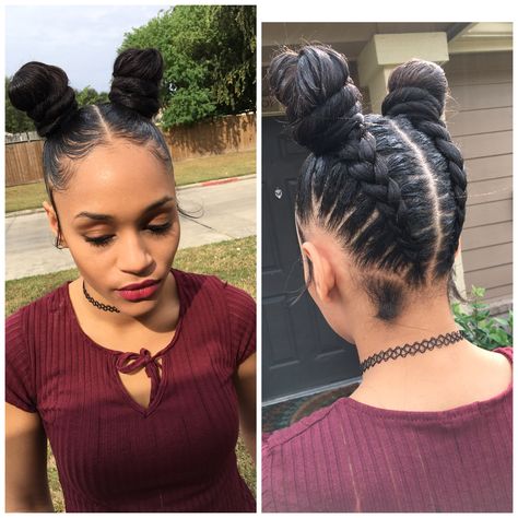 Knots buns feedin braids Space Buns With French Braids, Feedin Braids Bun, Two French Braids Into Bun Black Hair, Braided Double Buns Black Women, Braided Space Buns Low, Braided Space Buns Black Women, Faux Hairstyles, Nigerian Braids Hairstyles, Braided Hairstyles For Women