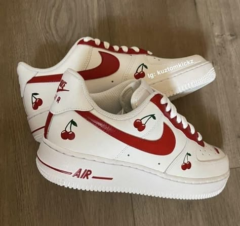 Nike Custom Shoes, Cherry Shoes, Custom Sneakers Diy, Air Force 1 Sneakers, Pretty Sneakers, Custom Shoes Diy, Trendy Shoes Sneakers, Preppy Shoes, All Nike Shoes