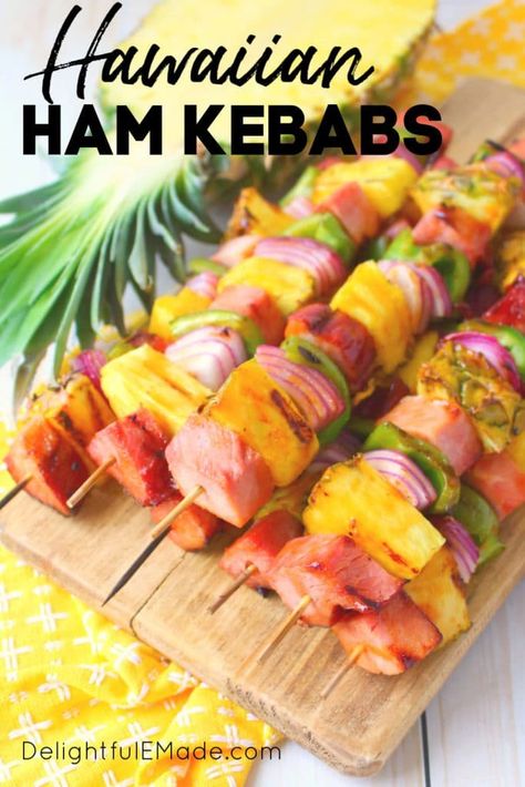 Easy Summer Kebabs with Ham and Pineapple | Get your cookout game on point with these incredible Hawaiian Ham and Pineapple Kabobs! Made with savory, delicious ham, fresh pineapple and veggies, these simple ham and pineapple skewers will be your new favorite summer grilling recipe! Easy to make and a crowd favorite. Let me know if you decide to make these || Delightful E Made Hawaiian Fruit Skewers, Hawaiian Ham And Pineapple Skewers, Hawaiian Cookout, Ham Kabobs, Summer Kebabs, Hawaiian Thanksgiving, Hawaii Thanksgiving, Hawaiian Kabobs, Salad Kabobs