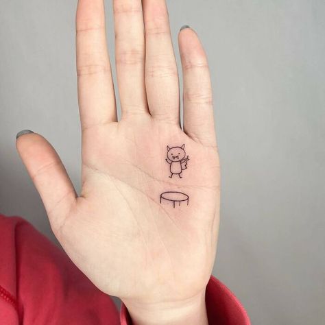 Tattoos On The Palm Of Your Hand, Tattoo Trampoline Hand, Hand Trampoline Tattoo, Trampoline Tattoo Hand, Trampoline Tattoo, Sin Tattoo, Collage Tattoo, Hand Tatto, Hand Tattoo Designs