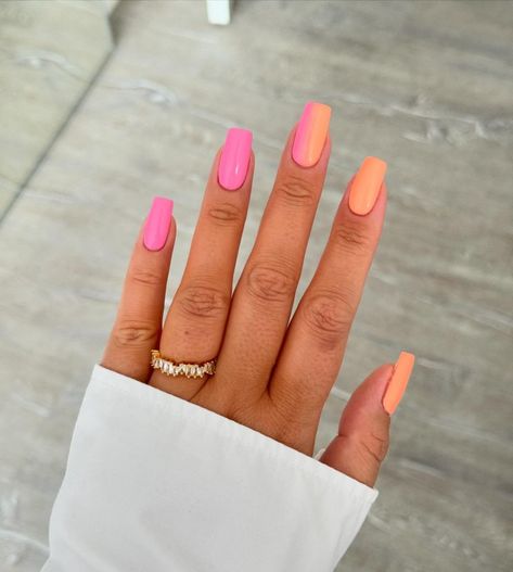 43  Vibrant Pink & Orange Nail Designs (2024) - DrExplains Nail Ideas For Beach, Pink Orange Nails, Short Summer Nail Ideas, Nails For Holiday, Nail Ideas Long, Two Color Nails, Orange Ombre Nails, Nail Ideas Summer, Cute Summer Nail Designs