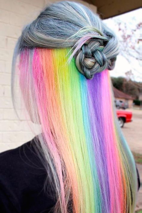 Hidden rainbow hair is the new trend of 2017! Secret rainbow hair tresses allow you to be daring and switch to modest whenever you want. This versatile trend is great to experiment with! #Rainbows Hidden Rainbow Hair, Dyed Hair Pastel, Rainbow Hair Color, Multi Colored Hair, Hair Color Crazy, Colourful Hair, Trendy Hair Color, Unicorn Hair, Pastel Hair