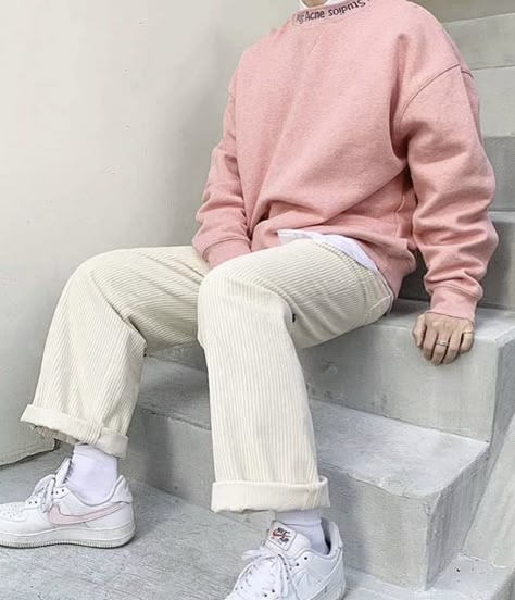 Pink And White Male Outfit, Pink And White Mens Outfit, Pink Masculine Outfit, Pastel Clothes Men, Cute Softboy Outfits, Masc Pink Outfit, Pink Boy Outfit, Pink Masc Outfits, Soft Boy Outfits Pastel