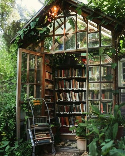 Greenhouse Library, Library Garden, Cottage Library, Garden Library, Garden Room, Secret Garden, Shed, Cottage, House Design