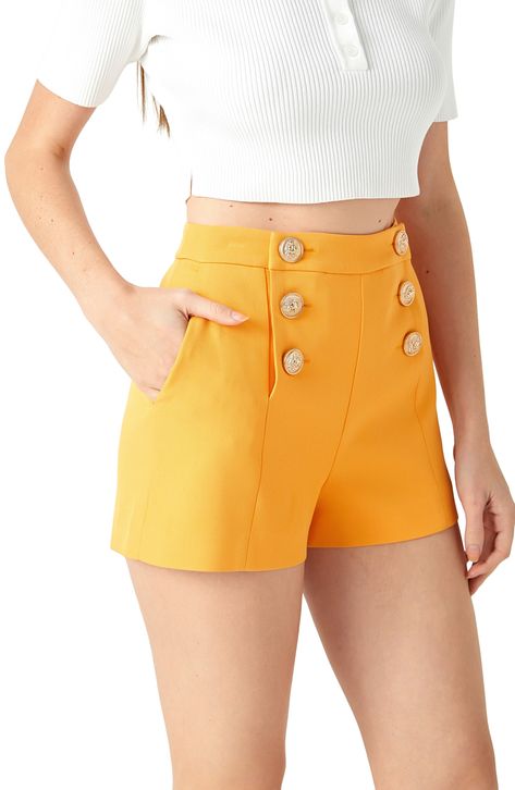 Sail into shorts season in this chic pair fastened with a double row of bold golden buttons for a polished, nautical-inspired look. Lined 97% polyester, 3% spandex Hand wash, dry flat Imported Sailor Shorts, Knit Bottom, Shank Button, Blazer And Shorts, Summer Ready, Romper With Skirt, Invisible Zipper, Luxury Fabrics, Button Detail