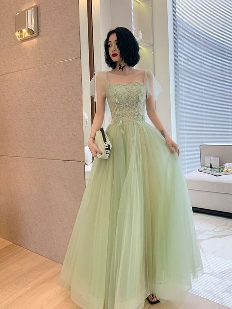 Belle Inspired Formal Dress, Light Green Prom Dress Long Sleeve, Sage Green Dress Outfit Wedding, Enchanted Garden Dress Prom, Light Green Grad Dress, Tinker Bell Prom Dress, Light Green Dress Aesthetic, Sage Green Grad Dress, Light Green Dress Prom