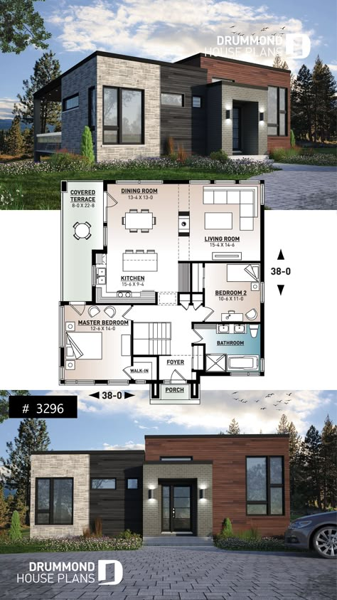 2 Bedroom Modern House Plans, Central Fireplace, Modern Office Building, Small Modern House Plans, Modern House Floor Plans, Basement House Plans, Small Modern Home, Modern Bungalow House, Casas The Sims 4