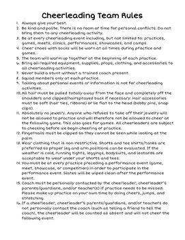 Cheerleading Team Rules Please note this document is also available as part of my Cheerleading Packet. To purchase the full packet, visit: Cheerleading Information Packet and Cheer Cards... Cheerleading Rules And Expectations, Cheer Team Contract, Cheer Team Announcement Ideas, Cheer Team Rules, Cheer Rules And Expectations, Cheerleader Rules, Cheer Coordinator, Team Bonding Activities Cheerleading, Competition Cheer Words