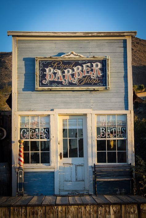 A cute little barber shop at the Randsburg Ghost Town. Barbershop Exterior Store Fronts, Small Barber Shop Ideas, Barber Shop Classic, Boron California, Western Barber Shop, Old School Barber Shop Decor, Classic Barber Shop, Old Barber Shop Vintage, Old School Barbershop