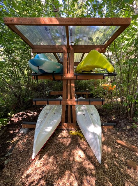 Boat House Storage, Paddle Boat Storage, Kayak Storage Ideas, Kayak Rack Diy, Diy Kayak Storage, Boat Rack, Kayak Holder, Paddleboard Rack, Lake Cottage Decor