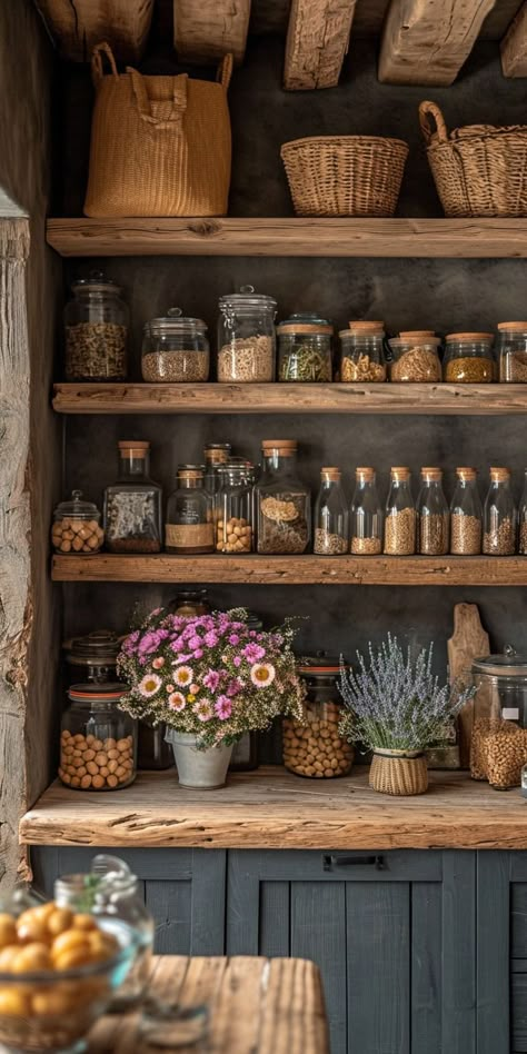 Kitchen Witch Organization, Salvage Garden Ideas, Chicken Decor Kitchen Farmhouse Style, Cottagecore Pantry, Kitchen Cabinets Without Doors, Kitchen Without Pantry, Kitchen Without Cabinets, Homestead Cottage, Salvaged Doors