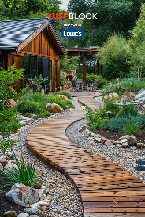 curved walkway deck idea through beautiful yard Decking Pathway Ideas, Floating Walkway Pathways, Shed Pathway Ideas, Tuffblock Deck, Fir Pit, Backyard Walkway Ideas, Sidewalk Landscape, Curved Walkway, Deck Pathway