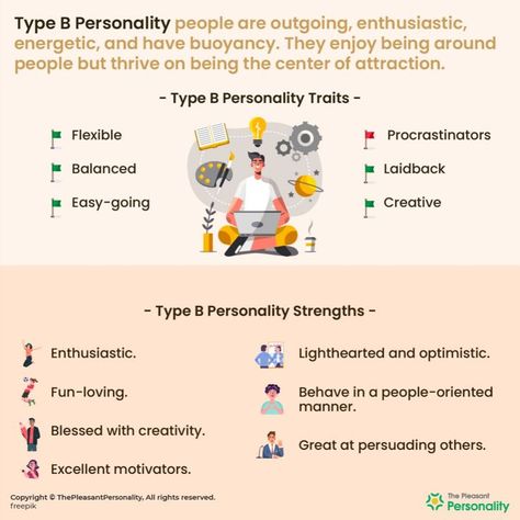 Type B people know how to build good relations with others and most often are considered likable people. Type A Vs Type B Personality, 4 Personality Types, Type B Personality, Type A Personality, Personality Tips, Briggs Personality Test, Myers Briggs Personality Test, Expressing Emotions, Self Exploration