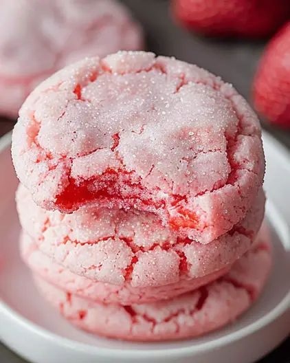 Strawberry Sugar Crinkle Cookies - Sweet & Fruity Treat Strawberry Crinkle Cookies, Strawberry Cake Mix Cookies, Fruity Cookies, Strawberry Sugar Cookies, Strawberry Sugar, Cookie Icing Recipe, Strawberry Treats, Crinkle Cookies Recipe, Fruity Treats