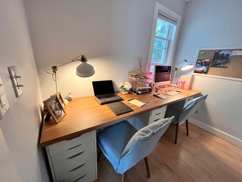 Ikea Alex Drawers Hack Office, Ikea Butcher Block Desk, Ikea Saljan Countertop, Saljan Countertop, Ikea Alex Desk Ideas, Ikea Countertop Desk, Ikea Desk Setup, Ikea Alex Desk Hack, Home Office Ikea