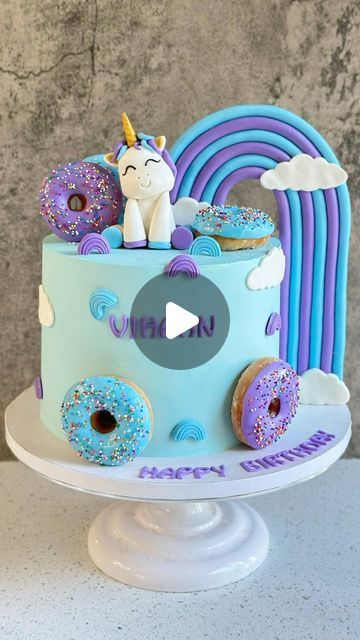 Donut Unicorn Cake, Unicorn Theme Cake, Unicorns And Rainbows, Butterscotch Sauce, Cake Artist, Fondant Decorations, Themed Birthday Cakes, Unicorn Theme, Pretty Birthday Cakes