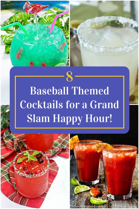 Collage of 4 baseball themed cocktails. Baseball Cocktails, Baseball Opening Day Party, Baseball Party Drink Ideas, Baseball Themed Cocktails, Baseball Themed Drinks, Baseball End Of Season Party, Themed Cocktail Recipes, Baseball Watch Party, Neighborhood Events