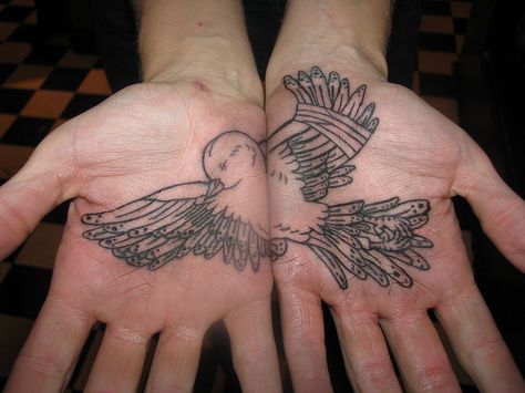 Bird Hand Tattoo, Dove Tattoo Design, Hipster Tattoo, Dove Tattoo, Palm Tattoos, Hand Tats, Wing Tattoo, Bird Tattoo, Birds Tattoo