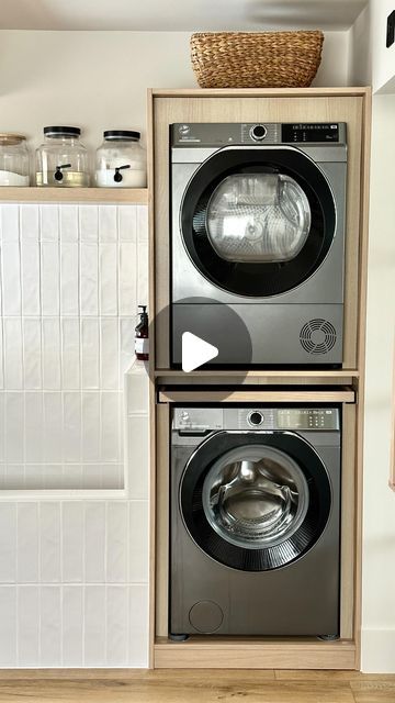 Emma Hill on Instagram: "We used an Ikea ‘PAX’ wardrobe to house our washing machine and tumble dryer and added a ‘KOMPLEMENT’ pull out shelf as a laundry basket shelf for use when emptying the tumble dryer.  We’ve got a full video over on YouTube to show how we did this 👍🏼 #ikeahack #ikeapax #utilityroom" Ikea Pax Laundry Room, Pax Laundry Room, Pax Laundry, Laundry Ikea, Ikea Utility Room, Laundry Room Ikea, Laundry Basket Shelf, Washer Dryer Shelf, Laundry Basket Shelves