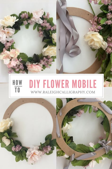 DIY Flower Mobile by Raleigh Calligraphy Diy Flower Mobile, Ethereal Nursery, Diy Nursery Decor Girl, Flower Mobile Nursery, Flower Wall Hanging Diy, Girl Nursery Diy, Diy Nursery Mobile, Nursery Diy Projects