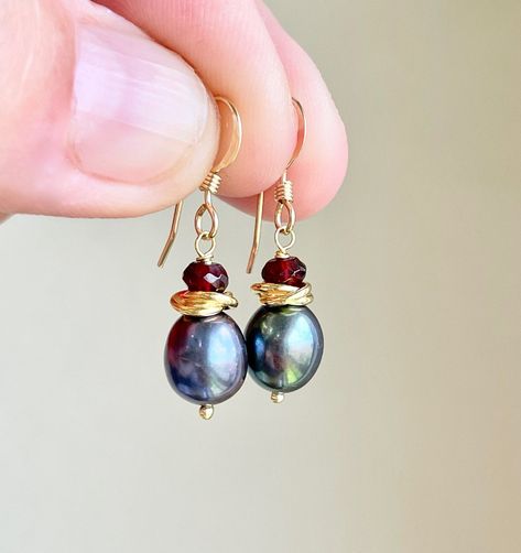 Black Freshwater Pearl and Garnet Earrings, June Birthstone, Peacock Pearl Jewelry in Gold, Minimalist Earrings for Her, Mother's Day Gift - Etsy Garnet Gemstone Earrings, Gold Pearl Earrings With Natural Stones, Pearl Dangle Earrings With Natural Stones, Natural Stone Dangle Pearl Earrings, Delicate Pearl Jewelry, Garnet And Pearl Earrings, Black Pearl Earrings, Black Freshwater Pearls, Pretty Jewelry Necklaces