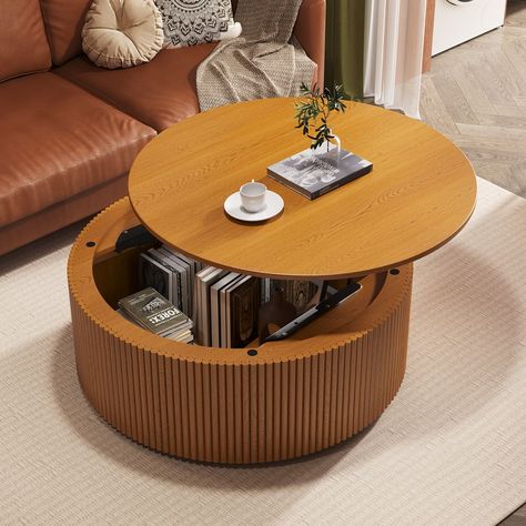 Hernest | 35 Inch Mid-century Modern Round Coffee Table with Storage Circle Coffee Table Living Room, Round Coffee Table With Storage, Modern Round Coffee Table, Walnut Wood Color, Apt Decor, Table Study, Upholstery Armchair, Round Coffee Table Modern, Drum Coffee Table