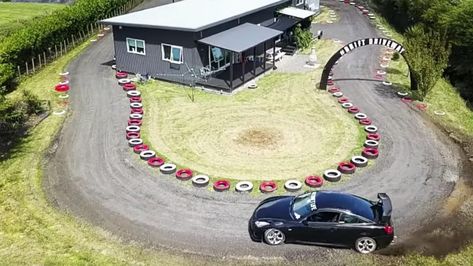 This driveway drift course is an awesome addition to a New Zealand homeowner’s house. Backyard Race Track, Drift Track, Drag Racer, Jumping For Joy, Car Guys, Performance Cars, He Is Able, Race Track, Driveway