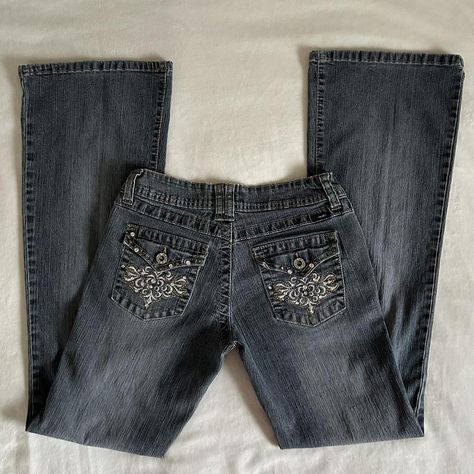 vintage bedazzled bootcut jeans 🩵 ***the... - Depop Navy Jeans, Skirt Leather, Sweater Skirt, Sweatshirt Shirt, Next Day, Bootcut Jeans, Jean Shirts, Casual Skirts, Dress With Sneakers