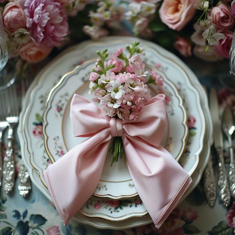 5 Chic Ways to Use Bows in Spring and Summer Place Settings - Ribbons or Napkins can be styled to create a lovely bow accent. Perfect for Regency Era / Bridgerton Tea Party Decor Tea Party Napkin Rings, Pretty Place Settings, Tea Cup Party Decorations, Bridgerton Theme Table Decor, Tea Party Seating Chart, Regency Table Settings, Bows Table Decor, Tea Cup Party Ideas, Bow Napkin Wedding