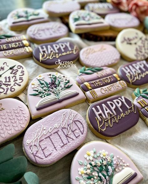 Retirement Party Cookie Ideas, Women Retirement Party Ideas, Purple Retirement Party Ideas, Retirement Party Ideas Women, Retirement Dessert Ideas, Retirement Cookies Decorated For Woman, Retirement Decorated Cookies, Retirement Cupcakes Ideas For Women, Retirement Party Cookies