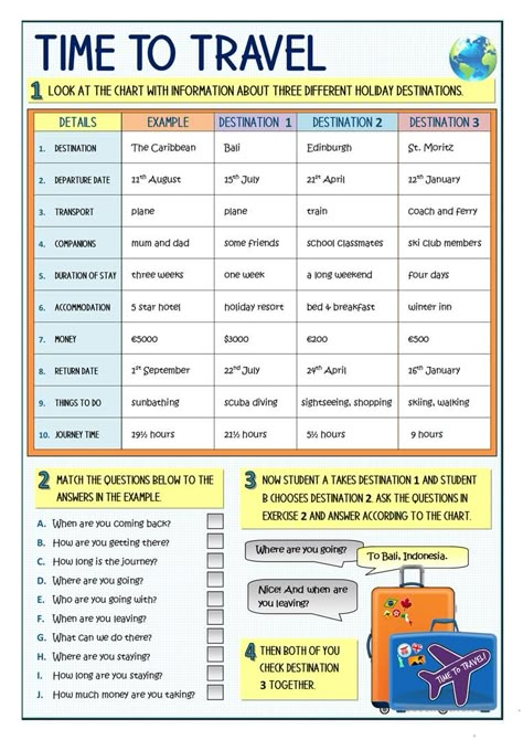 SPEAKING - TIME TO TRAVEL - English ESL Worksheets for distance learning and physical classrooms Travel English Speaking, Travel Vocabulary Worksheet, Travel Vocabulary English, Speaking Worksheet, Travel Vocabulary, Traveling Activities, Ielts Writing Task1, Speaking Activities Esl, Speaking Activities English