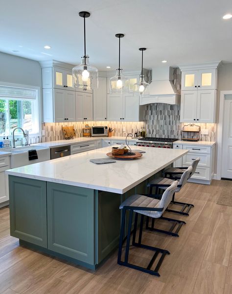 Sage green shaker style kitchen island with quartz countertops; overhang allowing for seating. Moss Green Island Kitchen, Grey Kitchen Green Island, Olive Green Island In Kitchen, Green Island With White Cabinets, Dark Green Kitchen Island White Cabinets, Hunter Green Kitchen Island, White Kitchen Sage Island, Different Color Kitchen Island, Dark Green Island Kitchen