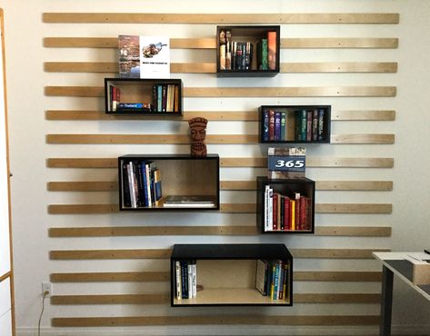 Wall storage on a French Cleat System. French cleats made out of 3/4" Birch Plywood finished on one side. Boxes were made out of 3/4" Birch Plywood finished on one side and applied Ebony stain color on unfinished side. French Cleat Cat Wall, French Cleat Shelves, French Cleat Closet, Cleat Wall Storage, Storage Decor Ideas, Wine Box Shelves, Living Room Storage Wall, French Cleat Wall, Wall Storage Ideas