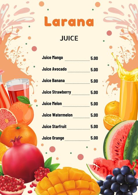 Colorful Larana Juice Drink Menu - Templates by Canva Juice Bar Menu Design, Bar Menu Design, Juice Bar Menu, Drink Menu Template, Juice Menu, Juice Drinks, Juice Bar, Bar Menu, Drink Menu