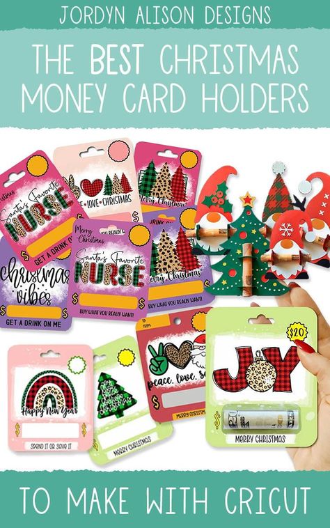 Give the gift of money with these Christmas Money Holder Cards! Layered designs ✓ Print then cut ✓ Cricut Beginner ✓ Gift Card Holder Diy Cricut, Christmas Money Cards Holder, Money Gift Card Diy, Cricut Money Holder Christmas, Money Holder Cards Diy Christmas, Cricut Money Holder Card, Cards To Make With Cricut, Diy Christmas Money Holder, Money Holders For Christmas