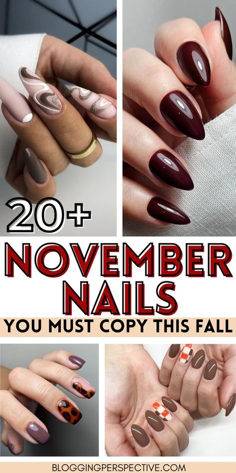 Nails Acrylic For November, November Nail Trends 2023, Brown And Pink Acrylic Nails Design, Simple Fall Nail Color Ideas, Thanksgiving Almond Nails Designs, November 2023 Nail Colors, Almond Nails Trendy Fall, Thanksgiving Nail Ideas Acrylic Almond, Fall Sweater Nails Almond