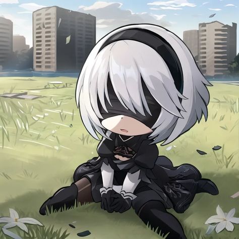 The image is of a chibi version of the character 2B from the video game Nier: Automata. She is sitting on a grassy field with a ruined city in the background. She is wearing her signature black dress and blindfold and has a sad expression on her face. 2b Anime, 2b Nier Automata Icon, 2b X 9s, Nier Automata 2, 2b Nier Autómata, Dibujos Anime Chibi, Ruined City, Grassy Field, Nier Automata