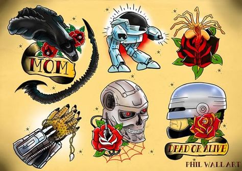 Alien, Robocop and Terminator flash. Terminator Tattoo, Geek Tattoos, Flash Sheets, Tattoo Posters, Movie Tattoo, Movie Tattoos, Traditional Tattoo Sleeve, Alien Tattoo, Pop Art Drawing