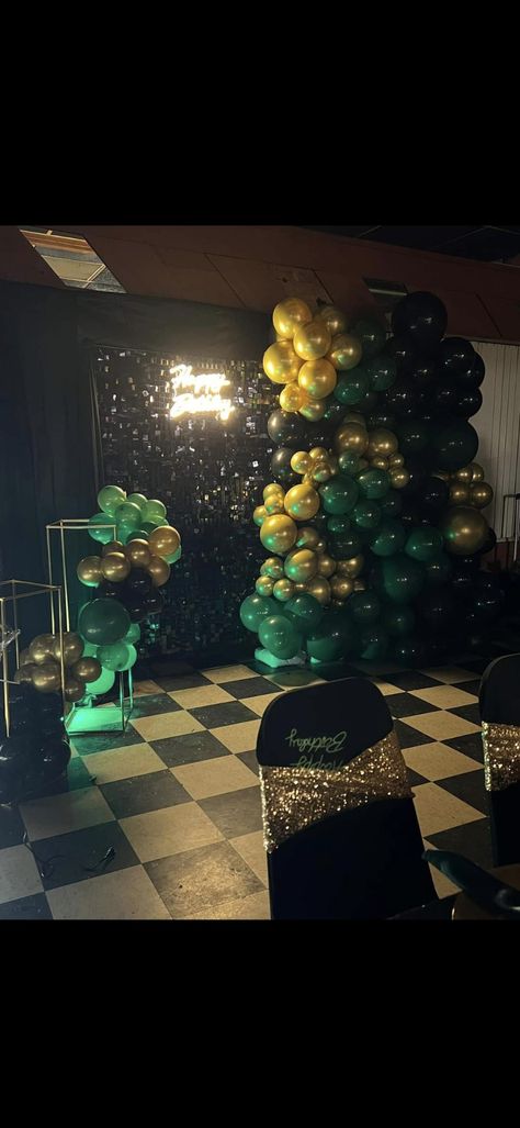 Balloon wall, Sequin Panels, Black, green and Gold Birthday Balloons Black, Shimmer Wall, Birthday Event, Balloon Wall, Gold And Green, Gold Birthday, 70th Birthday, Balloon Arch, Birthday Balloons