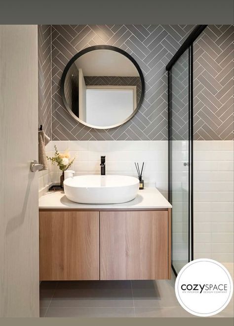 Cr Tiles Small Bathrooms, Counter Top Basin Bathroom Vanity Units, Powder Room Tile, Green Bedroom Walls, Bathroom Wallpaper Ideas, Bathroom Design Small Modern, Washbasin Design, Powder Room Decor, Bathroom Inspiration Modern