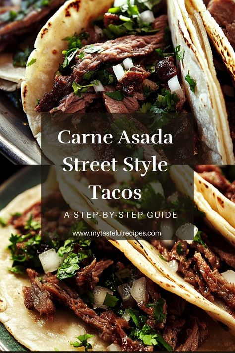 Get ready for a taco fiesta with these carne asada street style tacos! Marinated steak grilled to perfection, served in soft tortillas with all the fixings. Your taste buds will thank you! Street Style Tacos, Authentic Street Tacos, Carne Asada Street Tacos, Authentic Carne Asada, Asada Street Tacos, Mexican Street Tacos, Street Tacos Recipe, Carne Asada Steak, Carne Asada Recipe