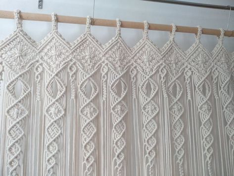 Large Macrame Wall Hanging can be used as a curtain in the Boho Style.  Use as a wedding ceremony decoration, photo booth backdrop, window curtain, garland or or wall hanging. This Bohemian macrame curtain will make any space more cozy and romantic.It is made of natural white (off-white) cotton cord.  It can be made of other colors as well, but please contact me to check availability.**Dimensions**Pieces on the photos are 160 cm (63'') wide with total length of 60'' (150 cm).  The length of uppe Macrame Window Curtain, Macrame Room, Door Covering, Macrame Room Divider, Macrame Door Curtain, Door Coverings, Room Divider Curtain, Macrame Wall Hanging Patterns, Macrame Curtain