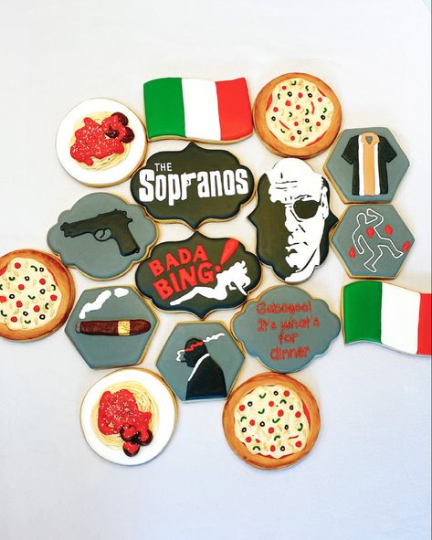 Sugar cookies decorated with royal icing Sopranos Birthday Cake, The Sopranos Party Theme, Soprano Birthday Party, Godfather Cookies, Sopranos Party Theme, Sopranos Themed Birthday Party, Sopranos Birthday Party, Sopranos House, Mob Themed Birthday Party