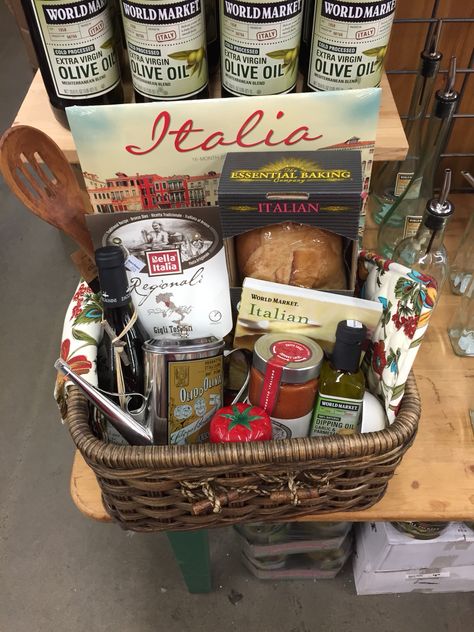 Italian Date Night gift basket from World Market                                                                                                                                                                                 More Date Night Hamper Gift Ideas, Italian Christmas Basket, Italian Night Gift Basket, World Market Gift Basket Ideas, Italy Themed Gift Basket, Italian Themed Gift Basket, Italian Gift Basket Ideas, Italy Gift Basket, Luncheon Themes