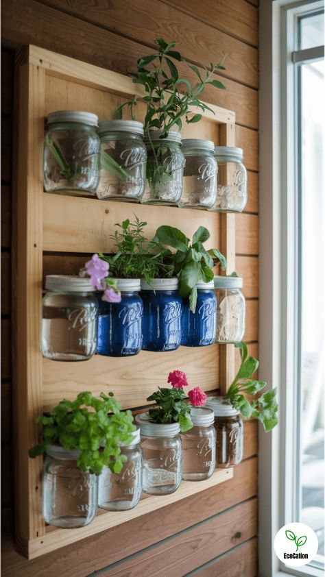 25 Creative Vertical Planter Ideas (Updated 2024) - EcoCation Indoor Herb Garden Wall, Vertical Planter Ideas, Herbs In Mason Jars, Vertical Planter Wall, Mason Jar Plants, Simple Diy Projects, Herb Boxes, Planter Wall, Wall Mounted Planters