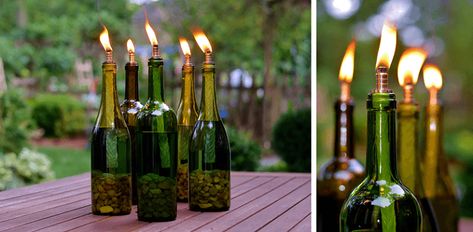 DIY Wine Bottle Decor: 9 Ways to Upcycle Empty Bottles - La Crema Wine Bottle Tiki Torch Diy, Diy Wine Bottle Decor, Wine Bottle Tiki, Mosquito Repellent Homemade, Wine Bottle Tiki Torch, Cheap Patio Furniture, Cheap Patio, Tiki Torches, Backyard Lighting