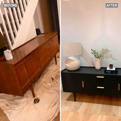 DIY novice upcycles sideboard to create a stunning good as new piece! Black Sideboard Upcycle, G Plan Upcycled, Upcycled G Plan Furniture, Black Upcycled Furniture, Black Furniture Paint, Furniture Moulding, Upcycled Sideboard, Flipped Furniture, Diy Kast