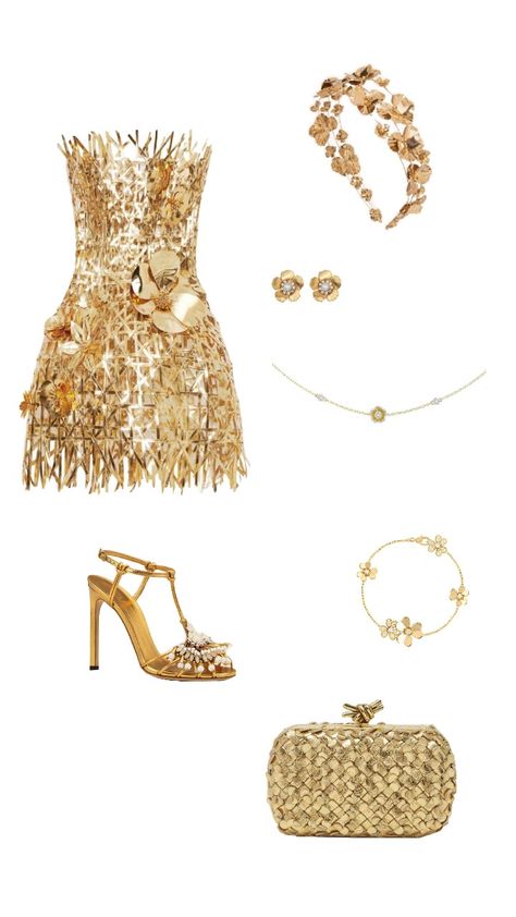 Golden Birthday Outfit, Gold Outfit Aesthetic, Glitz And Glam Outfit, Gold And White Outfit, Stunning Dresses Gowns, Nye Dresses, Chloe 2024, Black And Gold Outfit, Club Attire